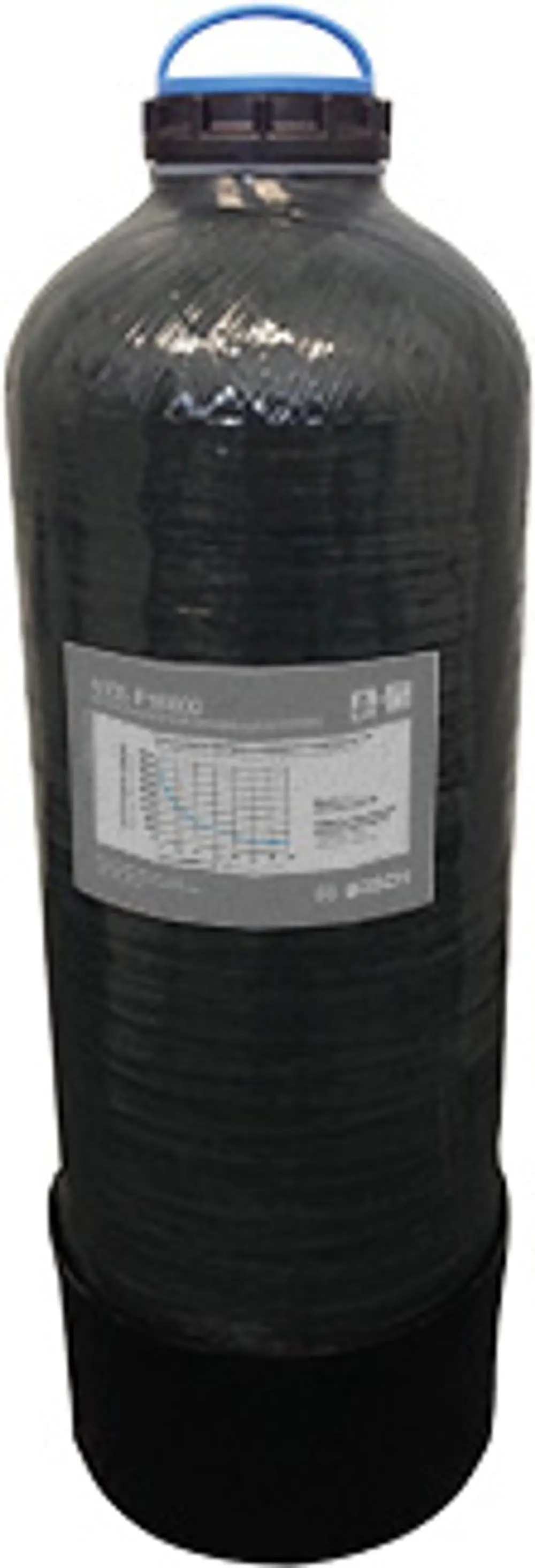 Schwarze Wasseraufbereitungsfilterpatrone mit grauer Beschreibung und Datenblatt, geeignet für Anwendungen von Bosch.